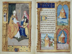 Een meisje knielt aan een bureau met de Maagd en heiligen, uit een Primer, ca. 1500-10